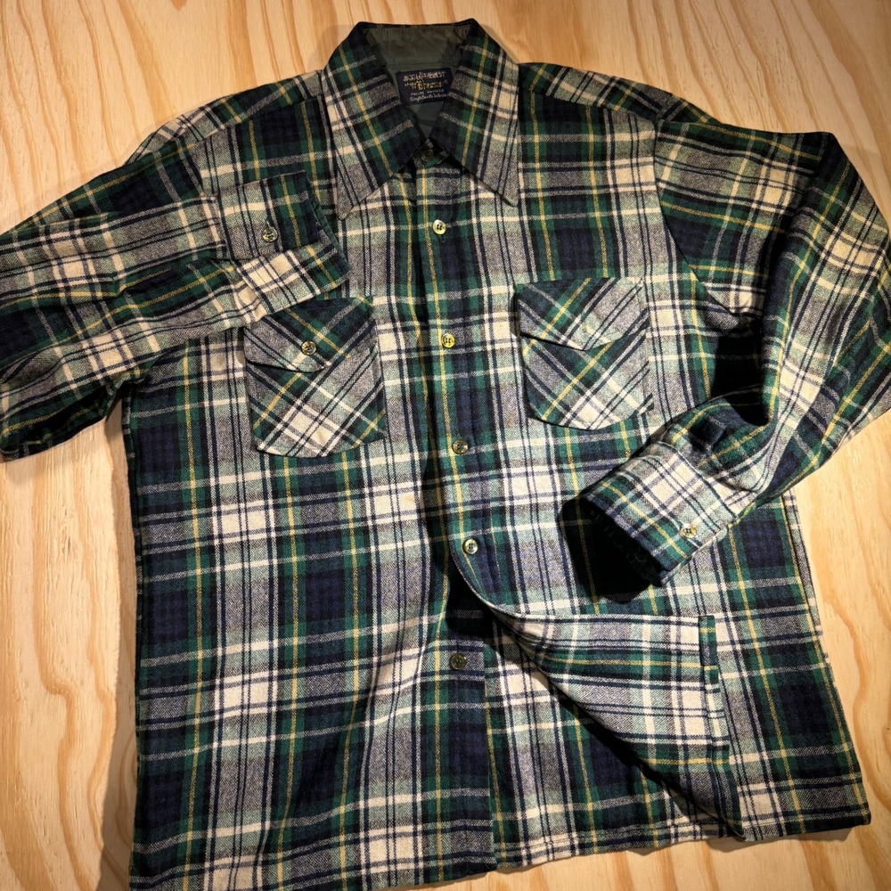 70s Wool o' the West Men's Brewster Wool Blend Shirt Green Long Sleeve Vintage